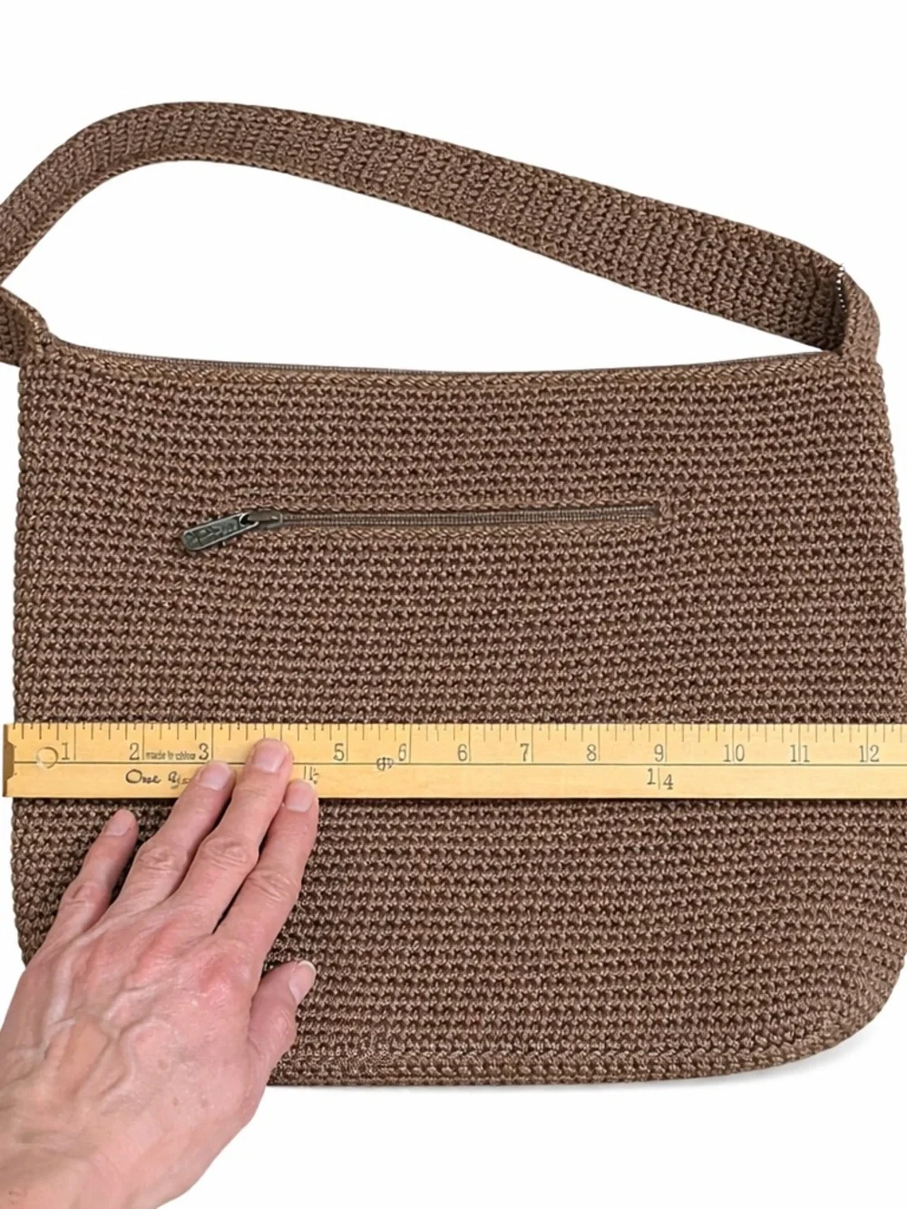 The Sak Crochet Knit Shoulder Bag Brown Boho Hobo Zip Closure